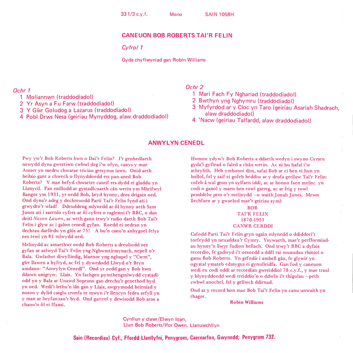 Caneuon Bob Roberts Tai'r Felin (Cyfrol 1)