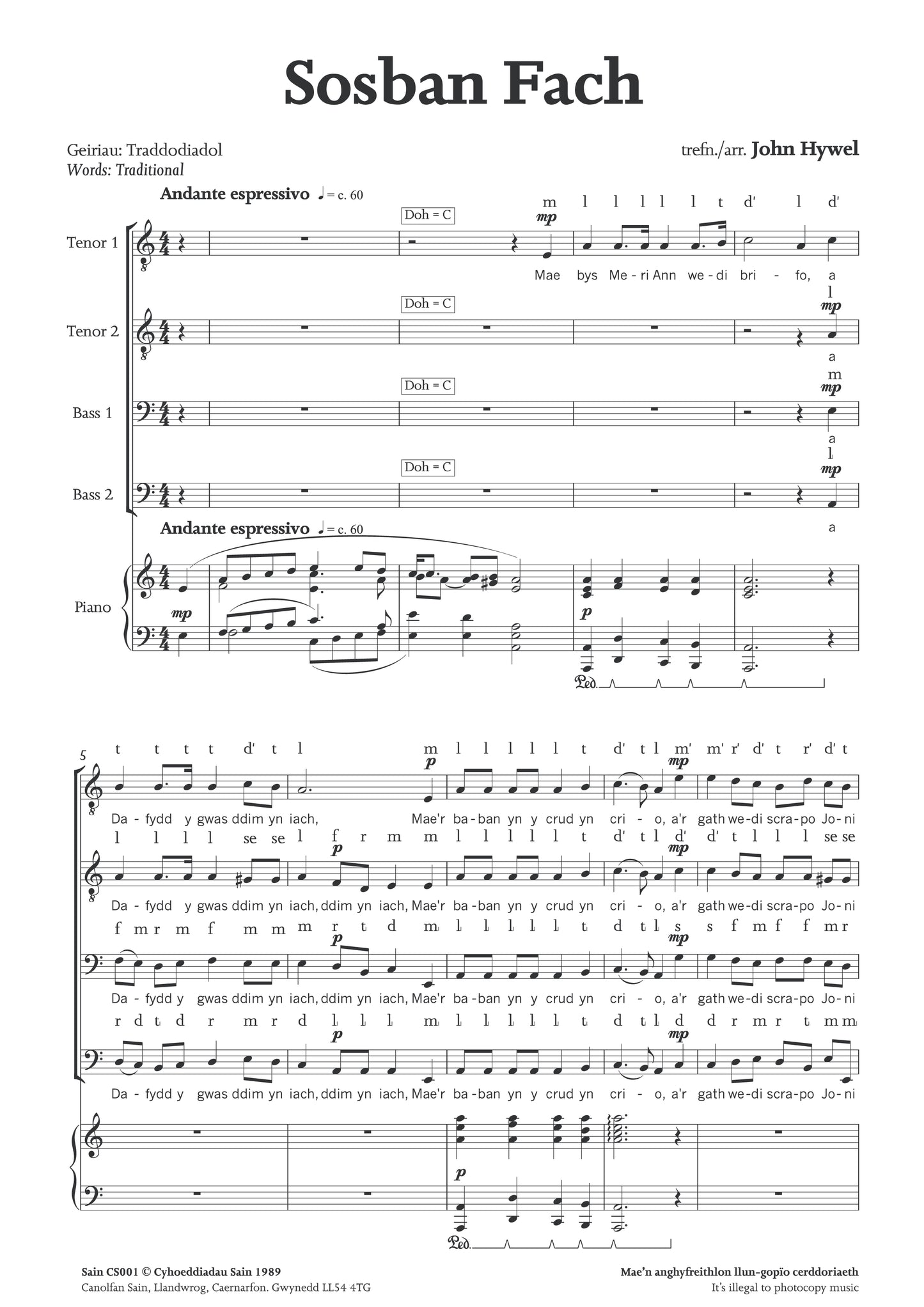 Sosban Fach (ttbb) ~ Digital Sheet Music Download (PDF)