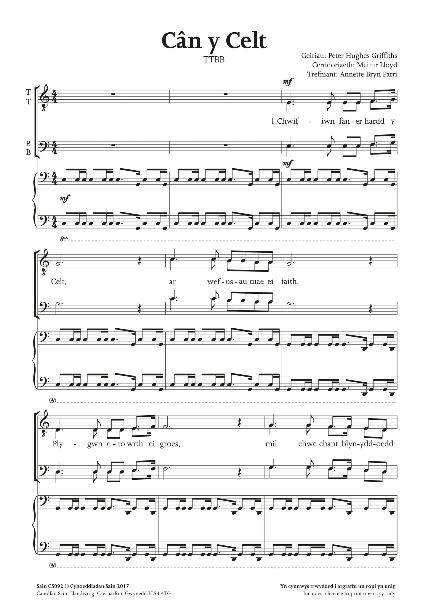 Cân y Celt (ttbb) ~ Digital Sheet Music Download (PDF)