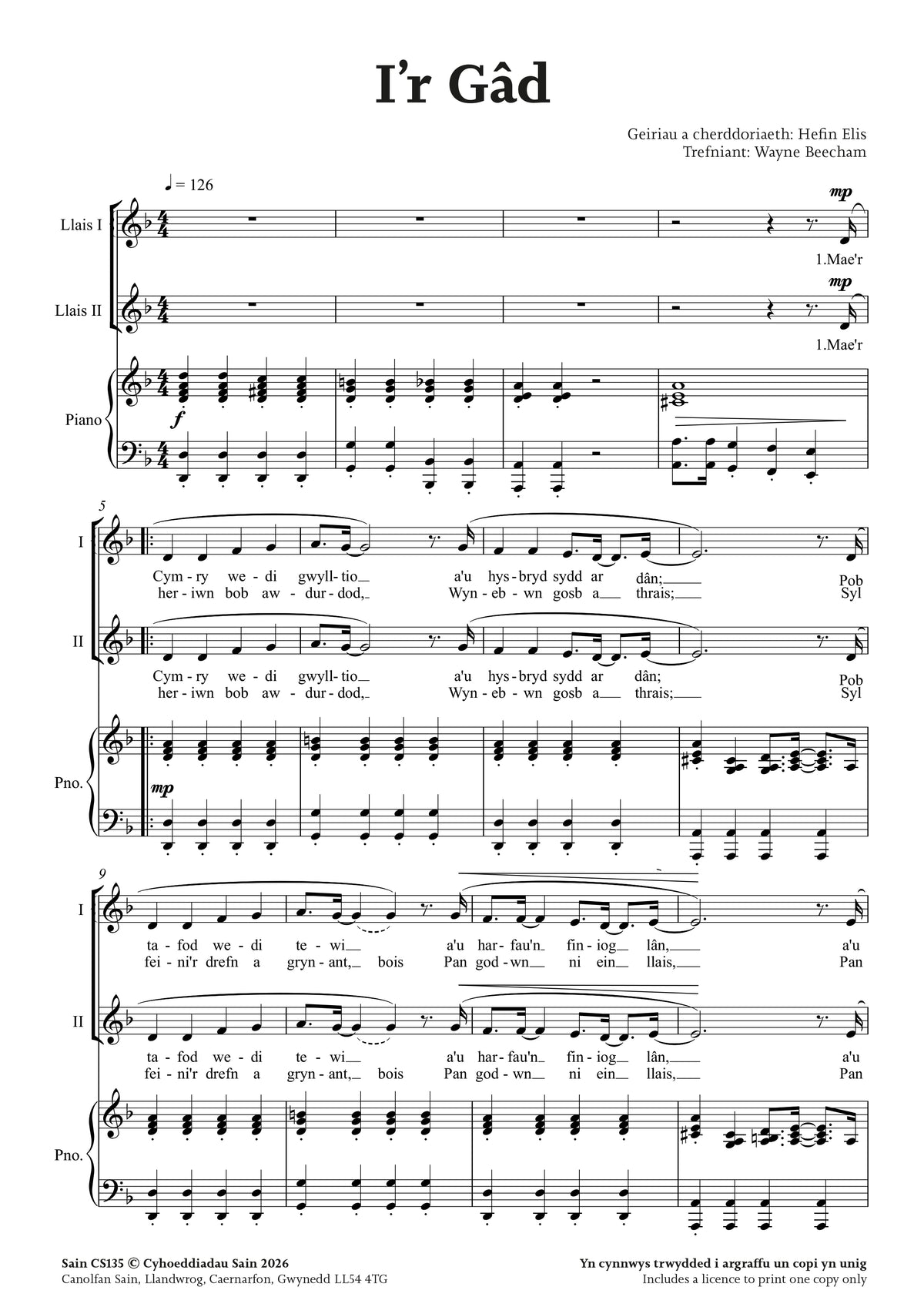 I'r Gad - Digital Sheet Music Download (PDF)