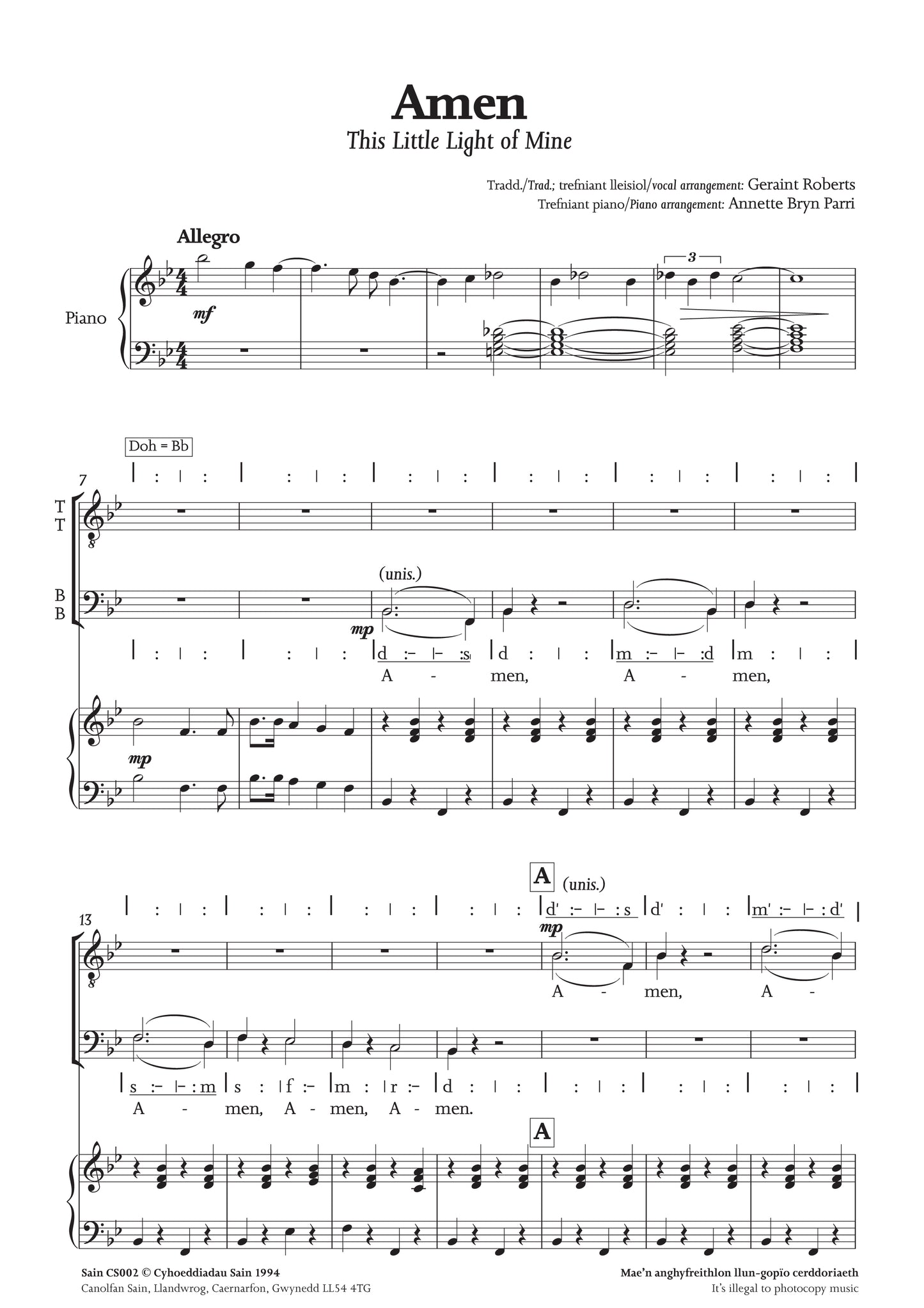 Amen (ttbb) (This Little Light of Mine)  ~ Digital Sheet Music Download (PDF)