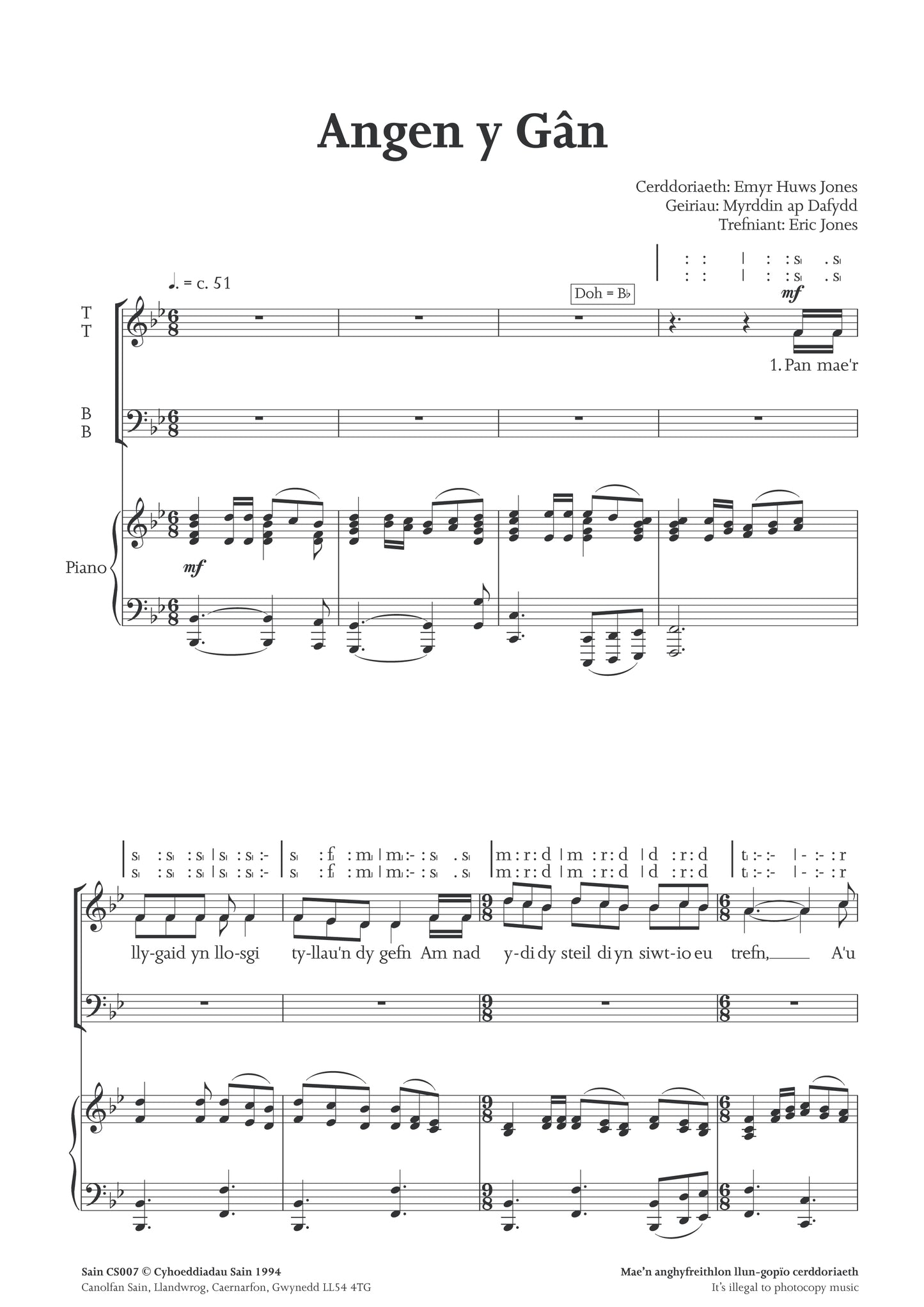 Angen y Gân (ttbb) ~ Digital Sheet Music Download (PDF)