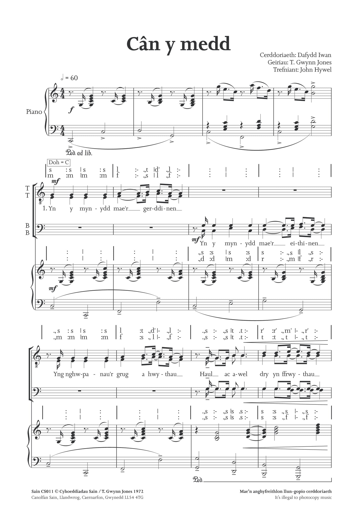 Cân y medd (ttbb) ~ Digital Sheet Music Download (PDF)