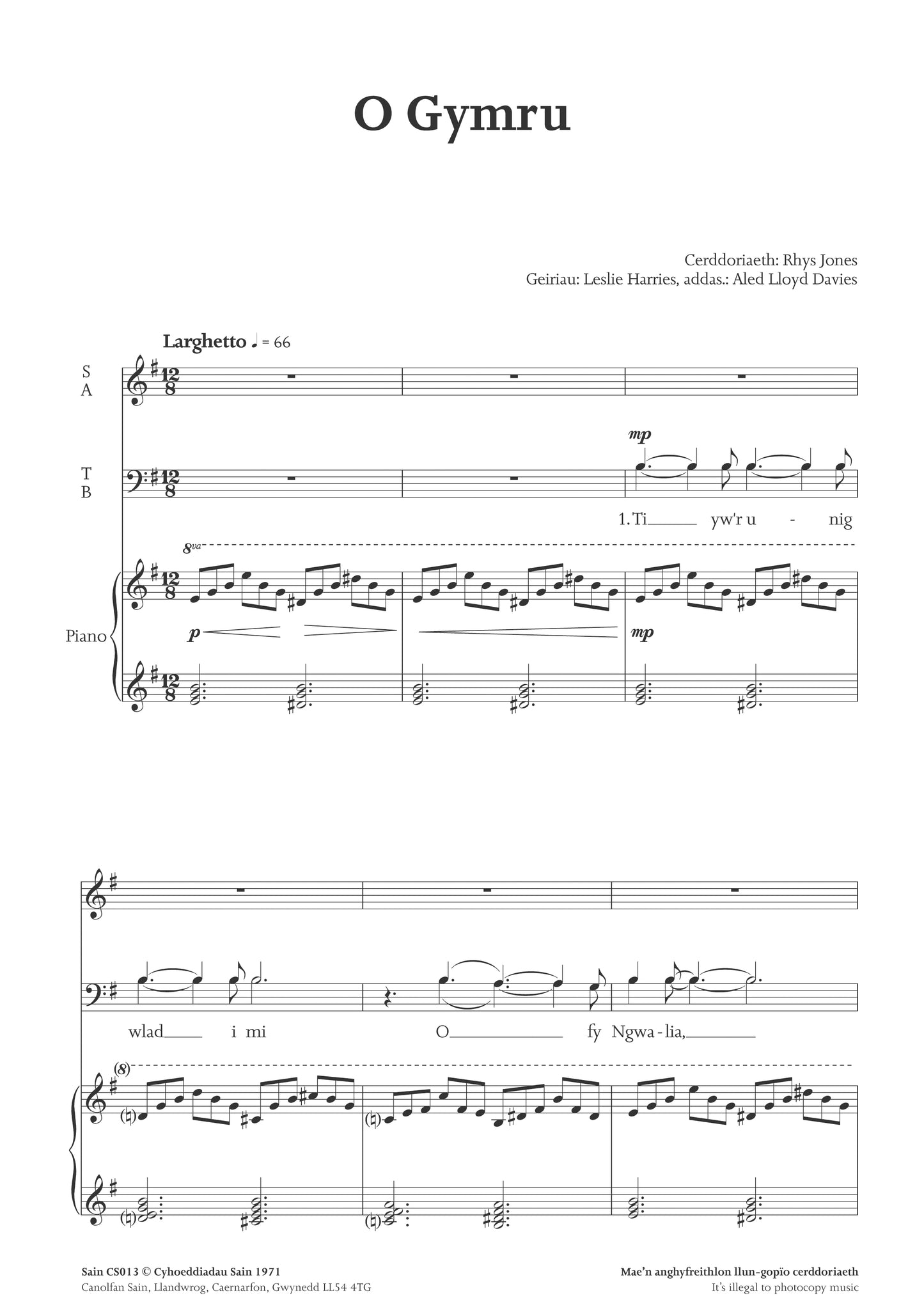 O Gymru (SATB) ~ Lawrlwytho yn unig (PDF)
