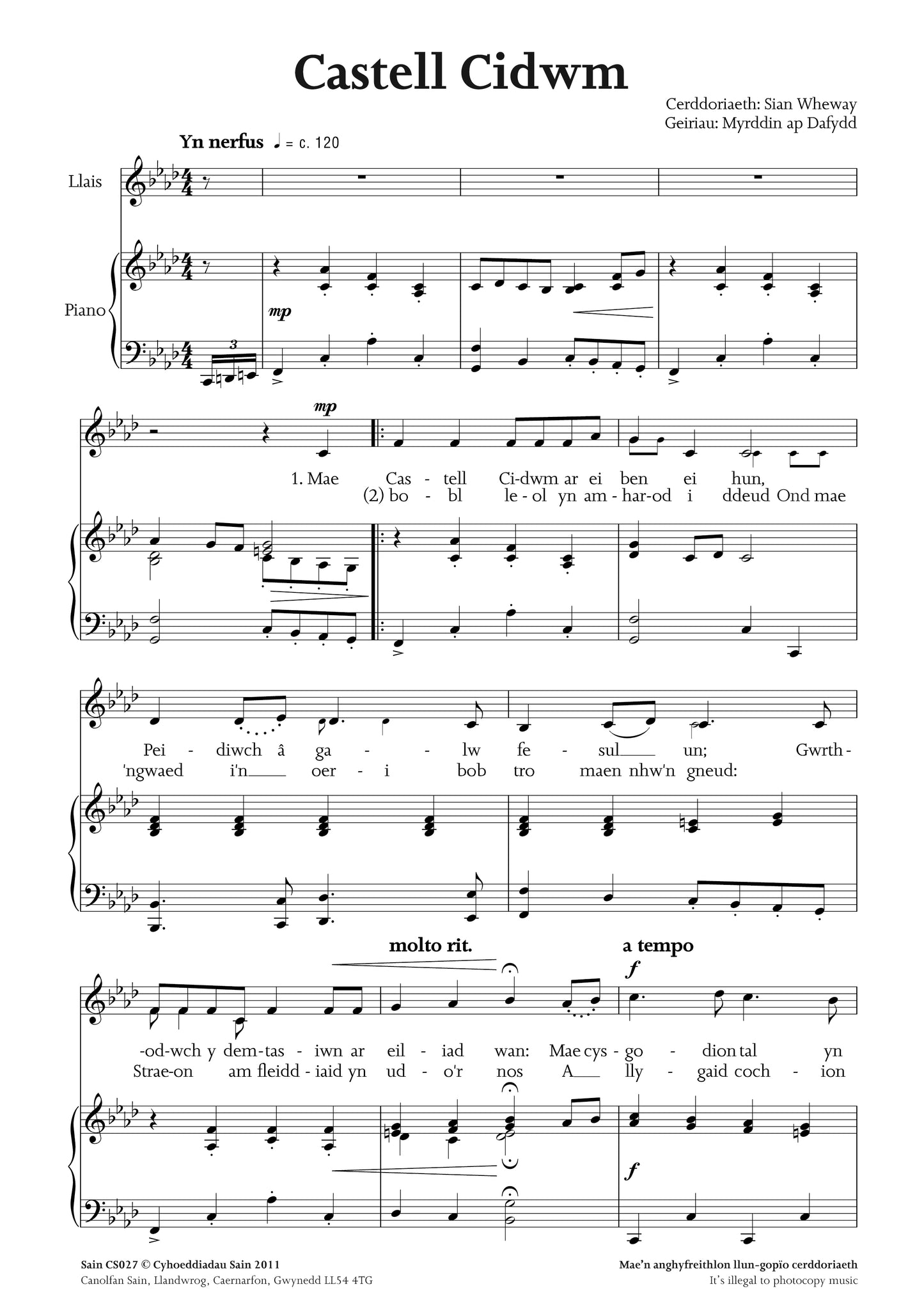 Castell Cidwm (Llais a Piano) ~ Digital Sheet Music Download (PDF)
