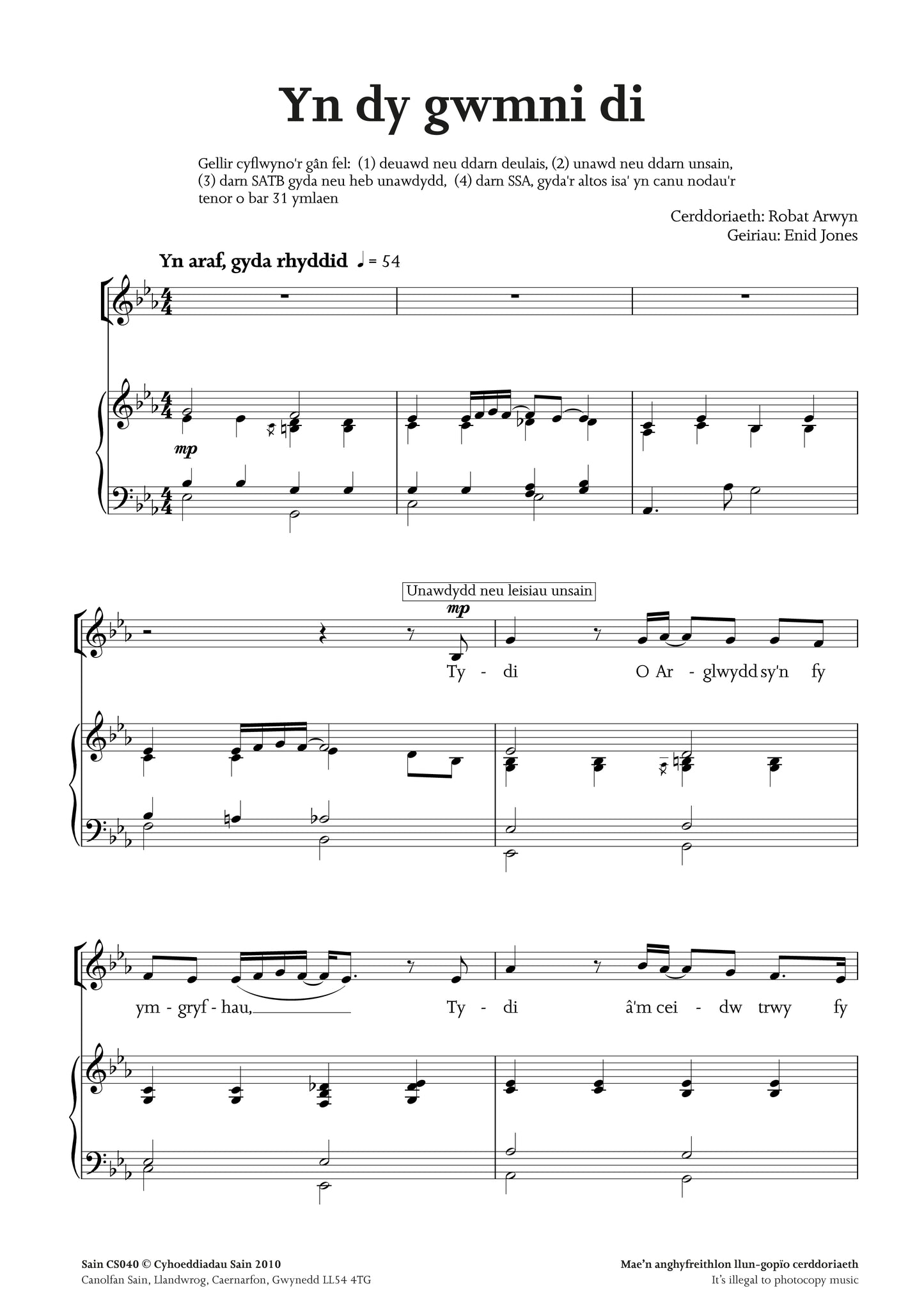 Yn dy gwmni di (deuawd/deulais/unawd/unsain/satb/ssa)~Digital Sheet Music Download (PDF)