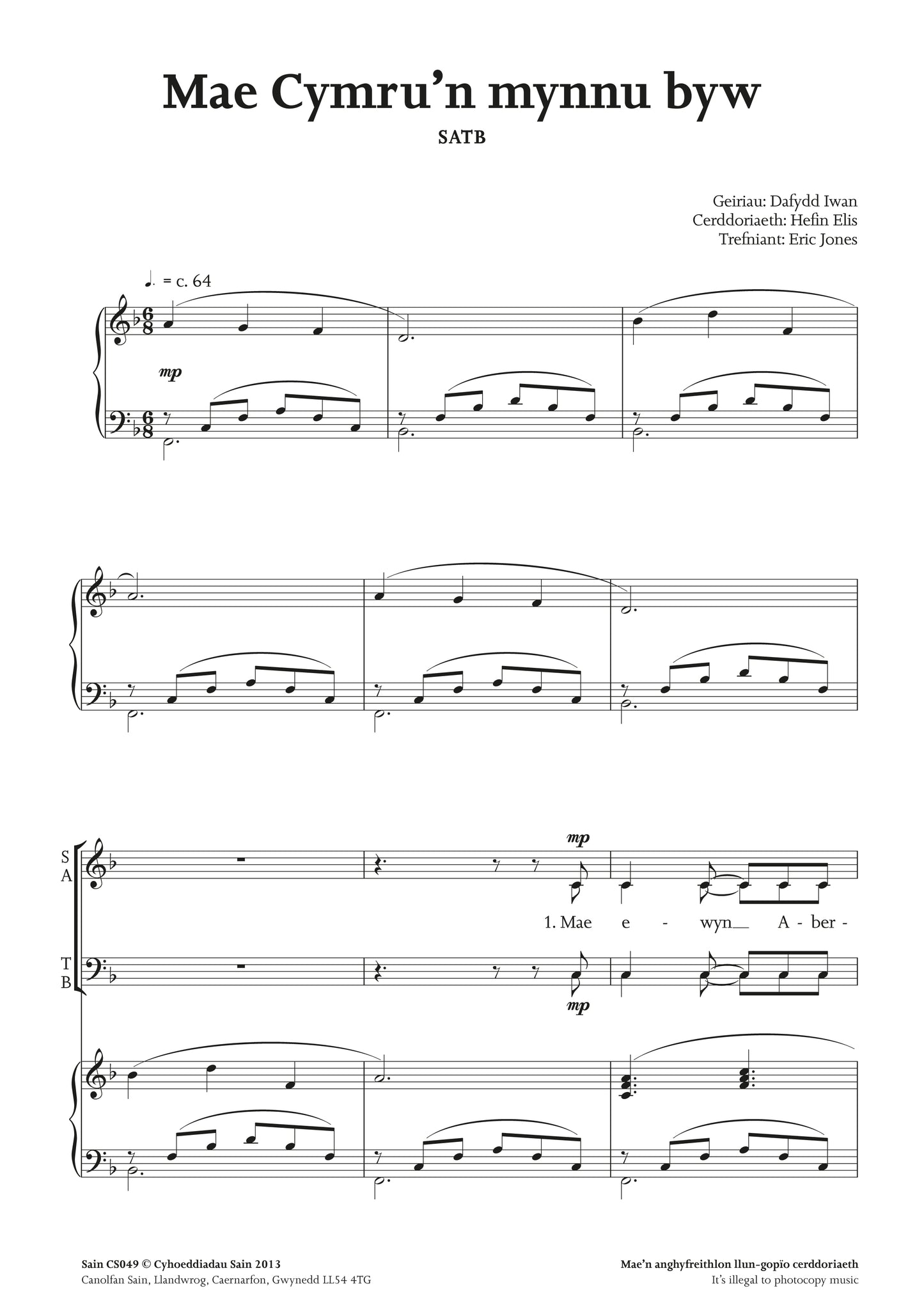Mae Cymru’n mynnu byw (satb) ~ Lawrlwytho yn unig (PDF)