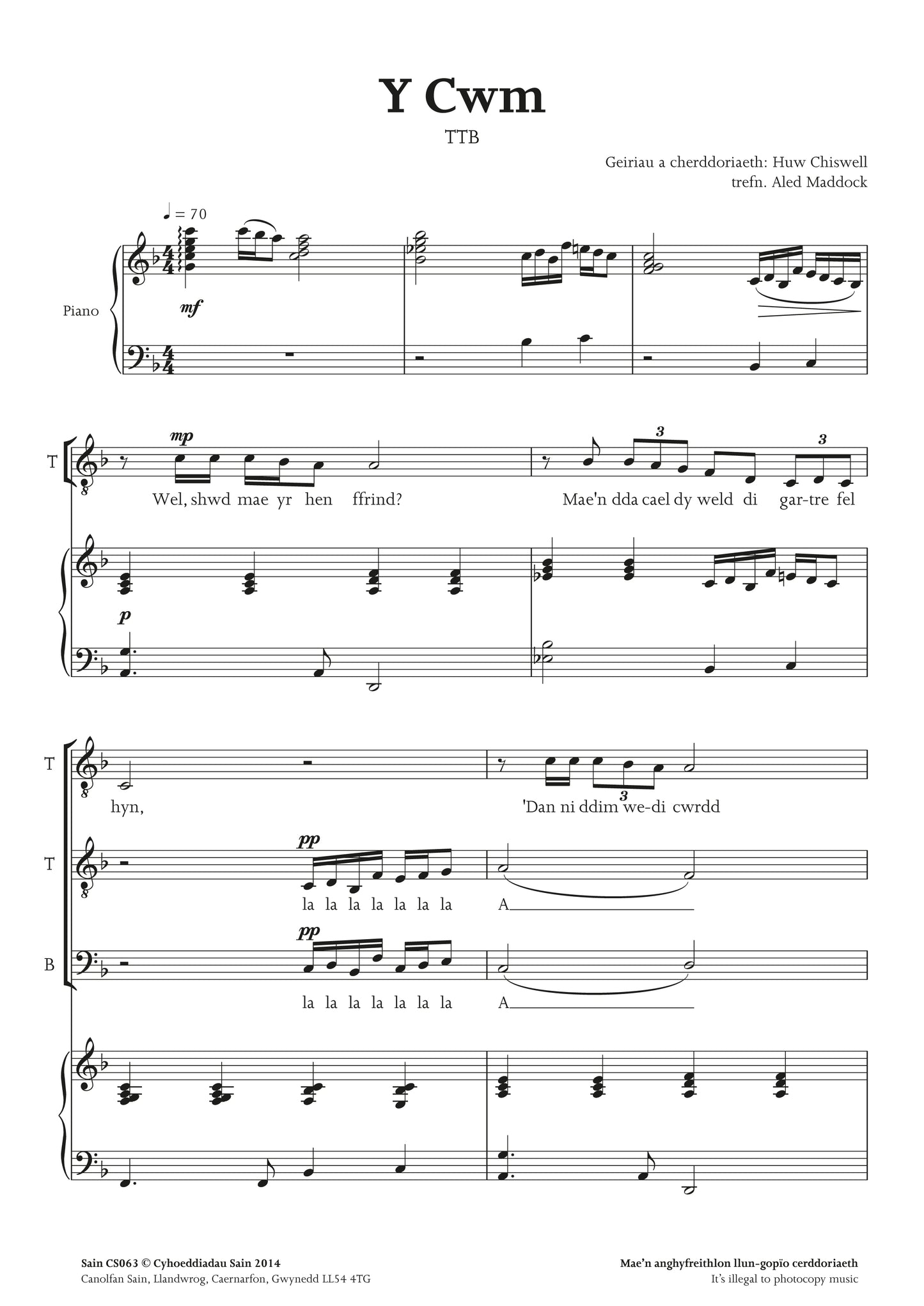 Y Cwm (ttb) ~ Digital Sheet Music Download (PDF)