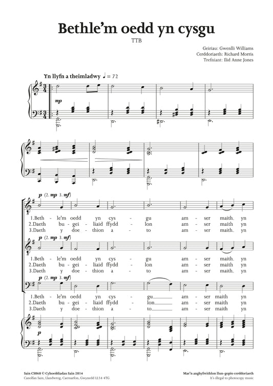 Bethle’m oedd yn cysgu (ttb) ~ Digital Sheet Music Download (PDF)