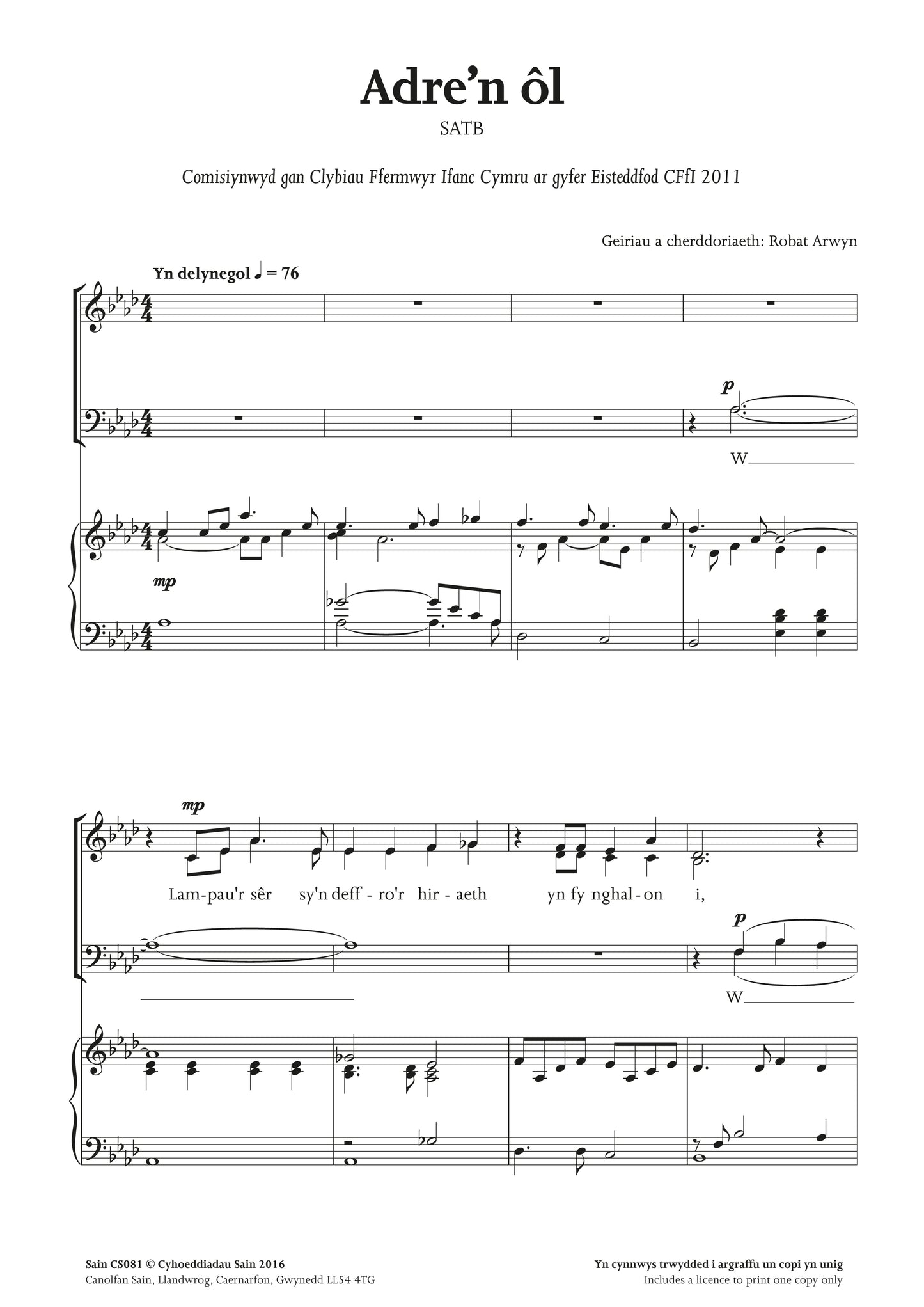 Adre’n ôl (satb) ~ Digital Sheet Music Download (PDF)