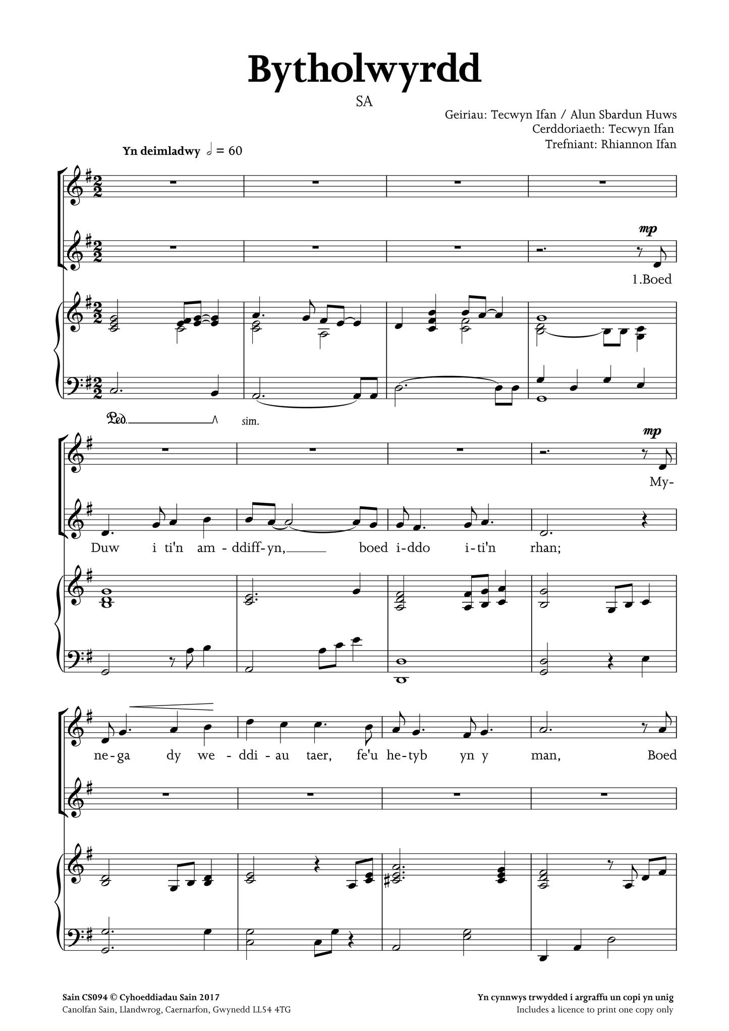 Bytholwyrdd (sa) ~ Digital Sheet Music Download (PDF)