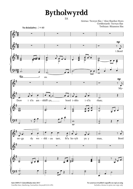 Bytholwyrdd (sa) ~ Digital Sheet Music Download (PDF)