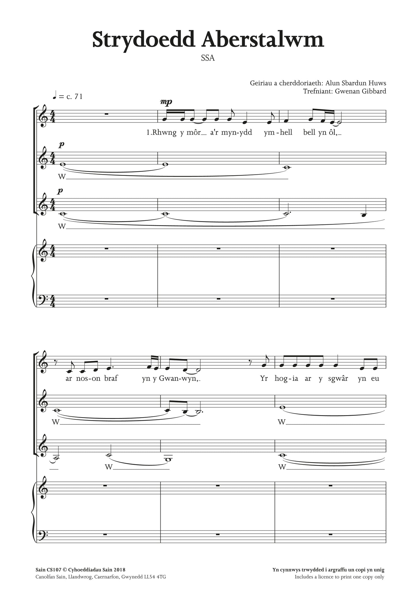 Strydoedd Aberstalwm (ssa) ~ Digital Sheet Music Download (PDF)